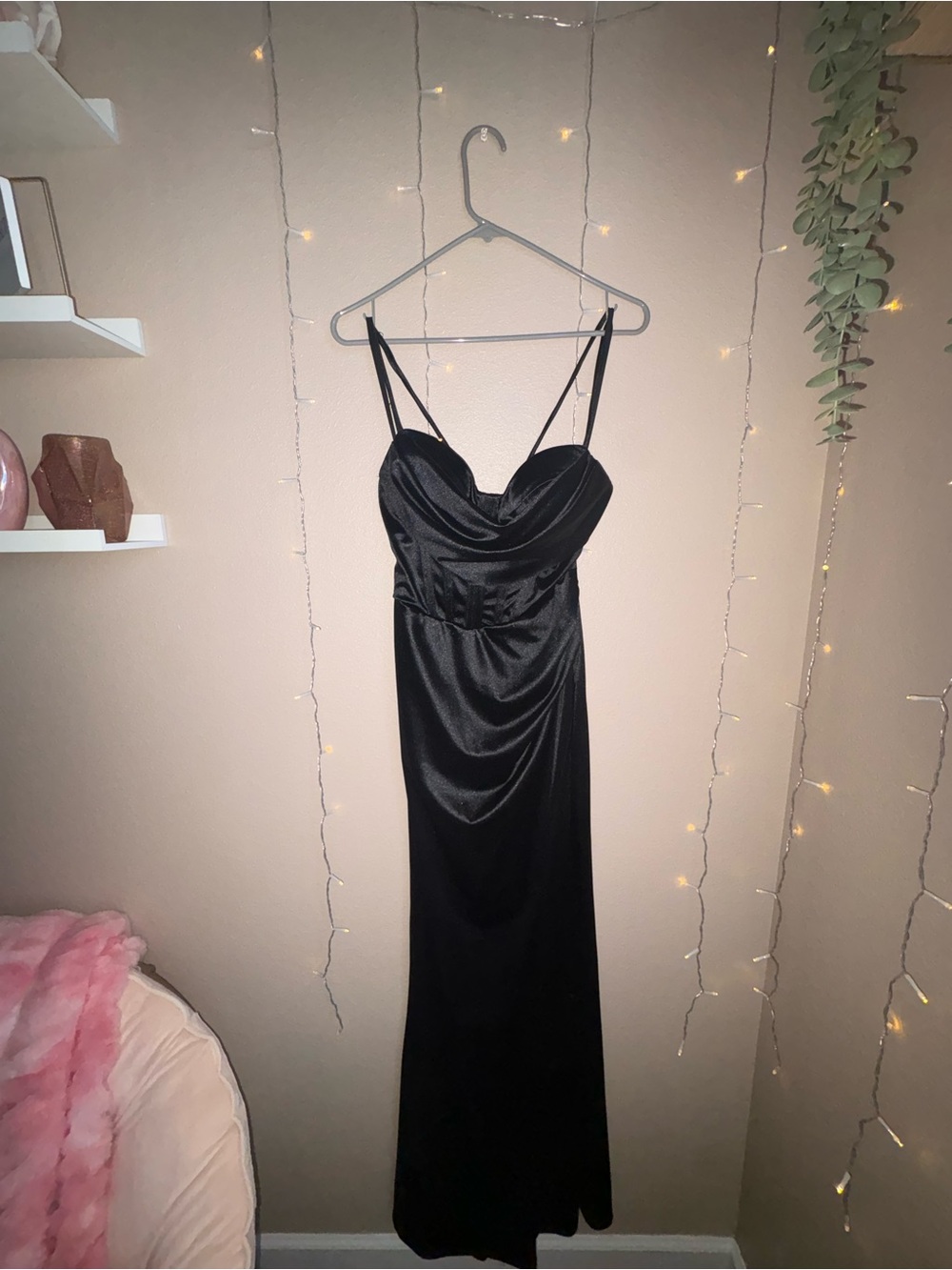 Crystal Doll Black Satin Maxi Slip Dress with Cowl Bodice
